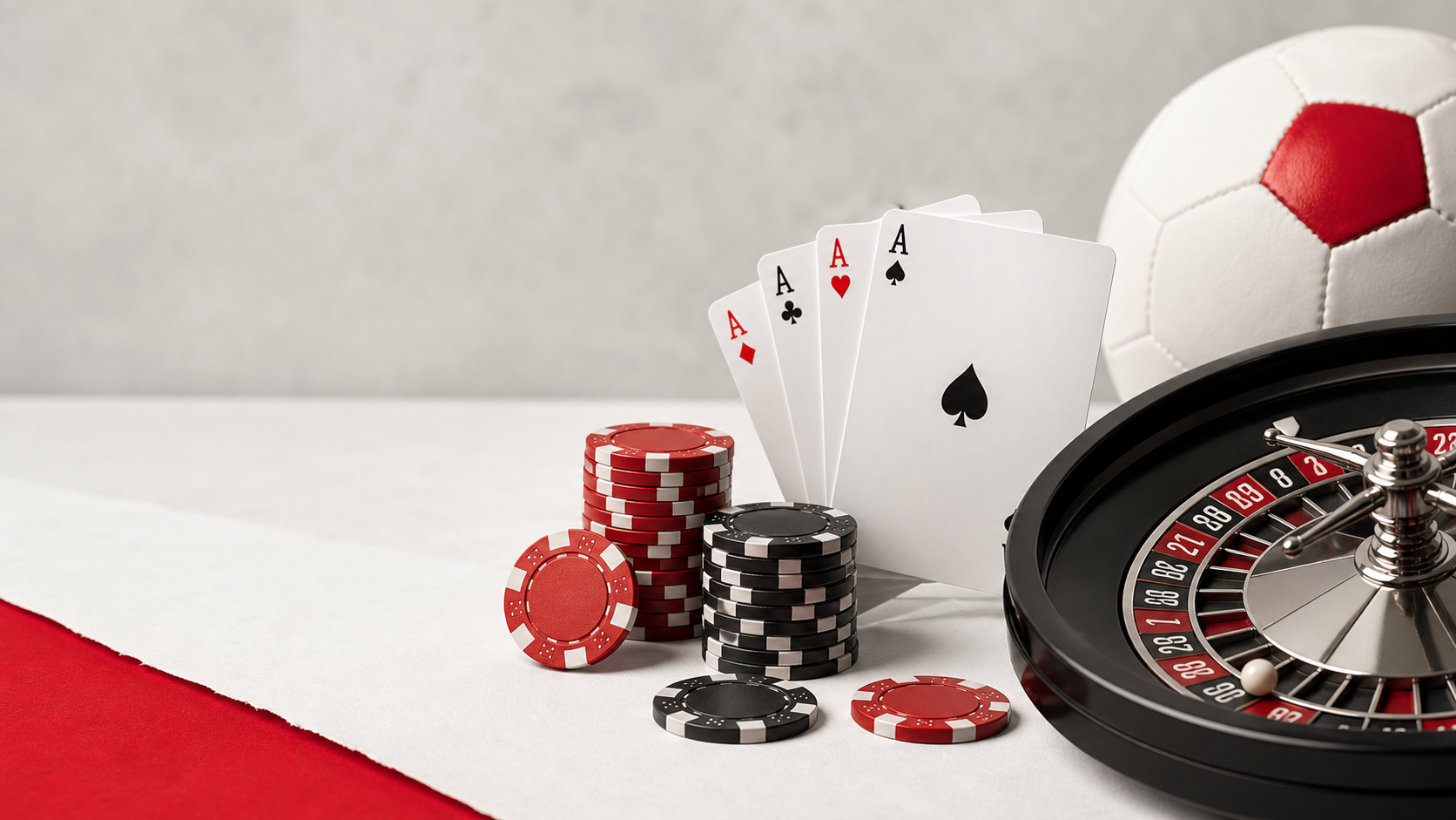 Casino Chips, Spielkarten, Roulette und Fussball als Symbol für Casinos und Sportwetten